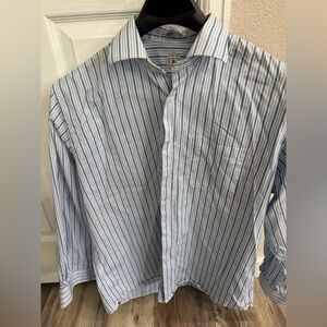 Peter Millar Blue and White Stripe Long Sleeve Shirt 17 1/2 Large